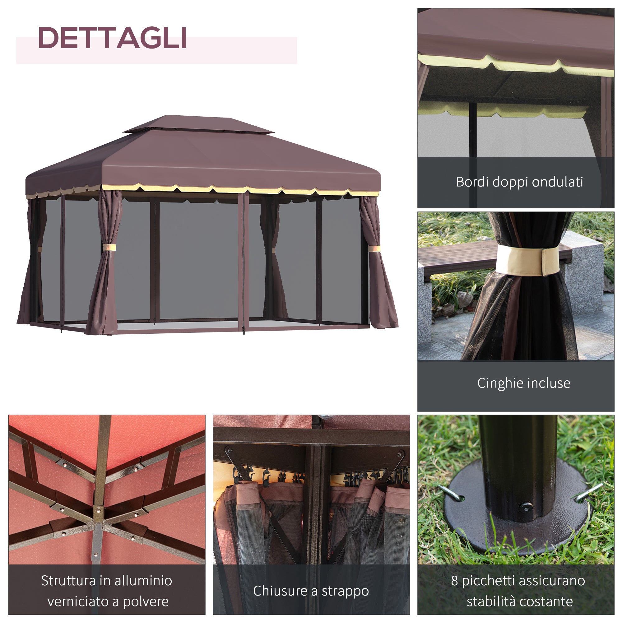 3x4m Garden Gazebo with Double Roof, Mosquito Net and Curtains, Aluminum and Polyester, Coffee Color