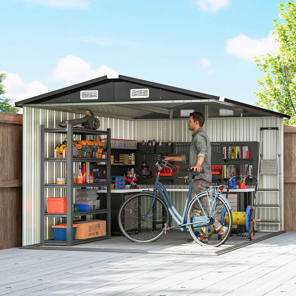 Outsunny 364 x 238 cm Metal Garden Shed with 4 Vents and Lockable Double Doors, Brown