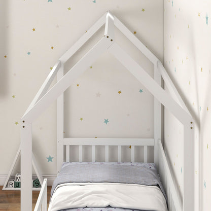 Children's House-Shaped Bed Frame with Slats and Fence, Pine Wood, 96x195x165 cm, White