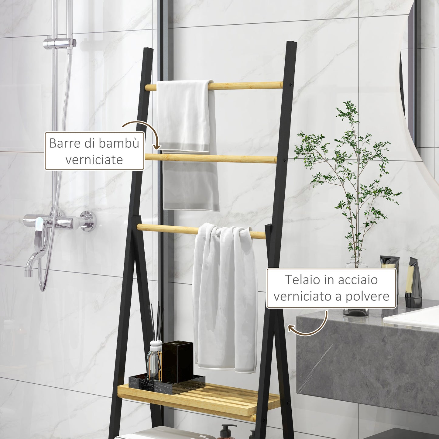 Folding Towel Rack with 3 Bars and 3 Shelves, in Bamboo and Steel, 53x31x153 cm, Black and Wood Color