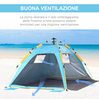 Pop Up Beach Tent with Zipper Door, in Polyester and Fiberglass, 220x173x120 cm, Light Blue and Yellow