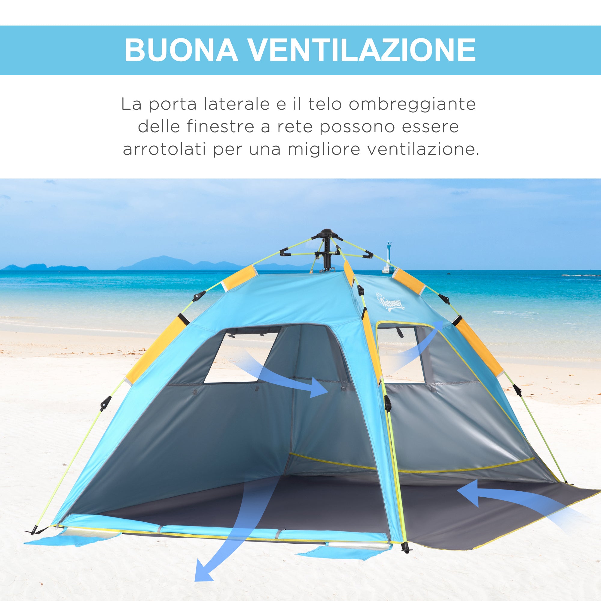 Pop Up Beach Tent with Zipper Door, in Polyester and Fiberglass, 220x173x120 cm, Light Blue and Yellow
