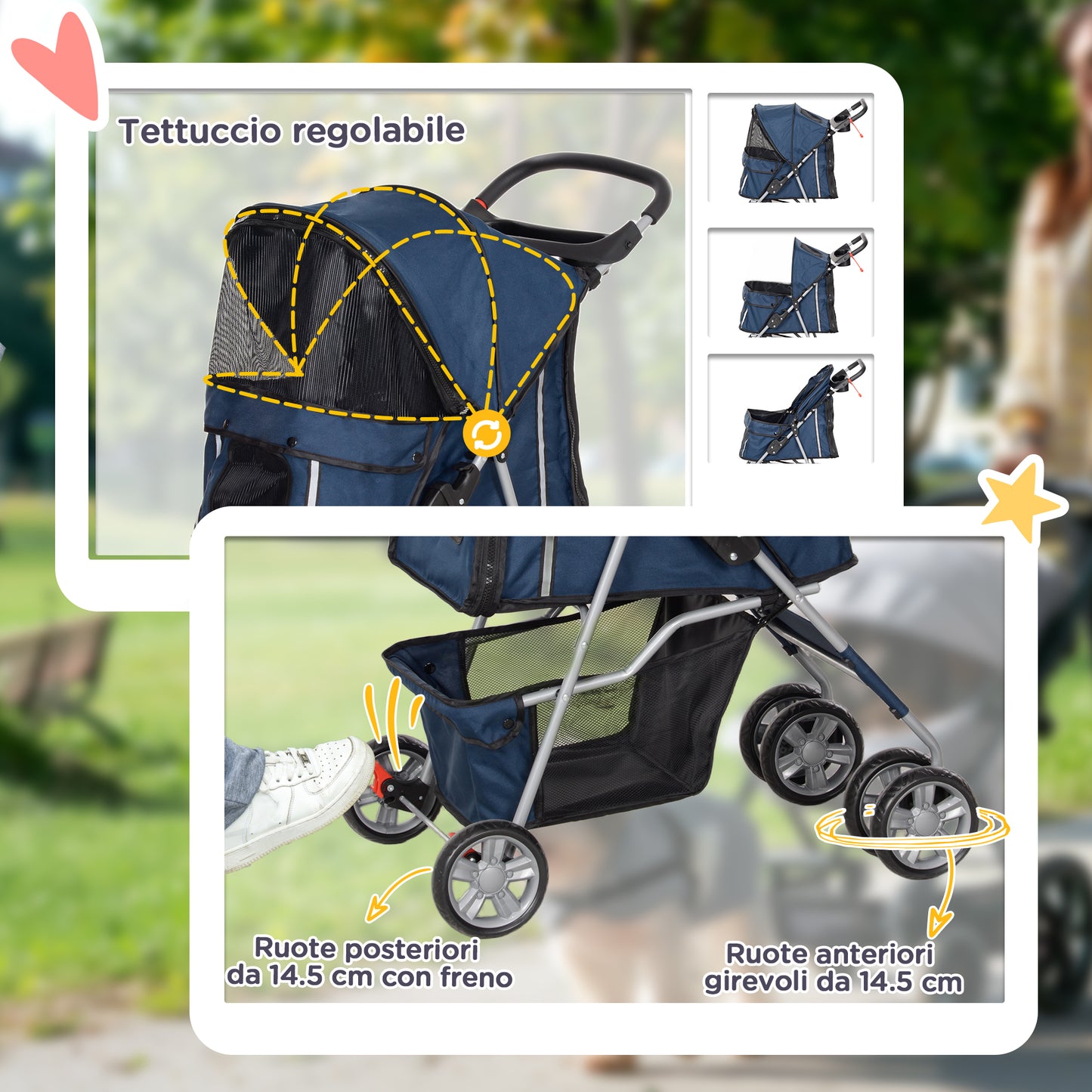 Folding Dog Stroller with Basket and Cup Holder, Max. Weight 10 kg, 75x45x97cm, Dark Blue