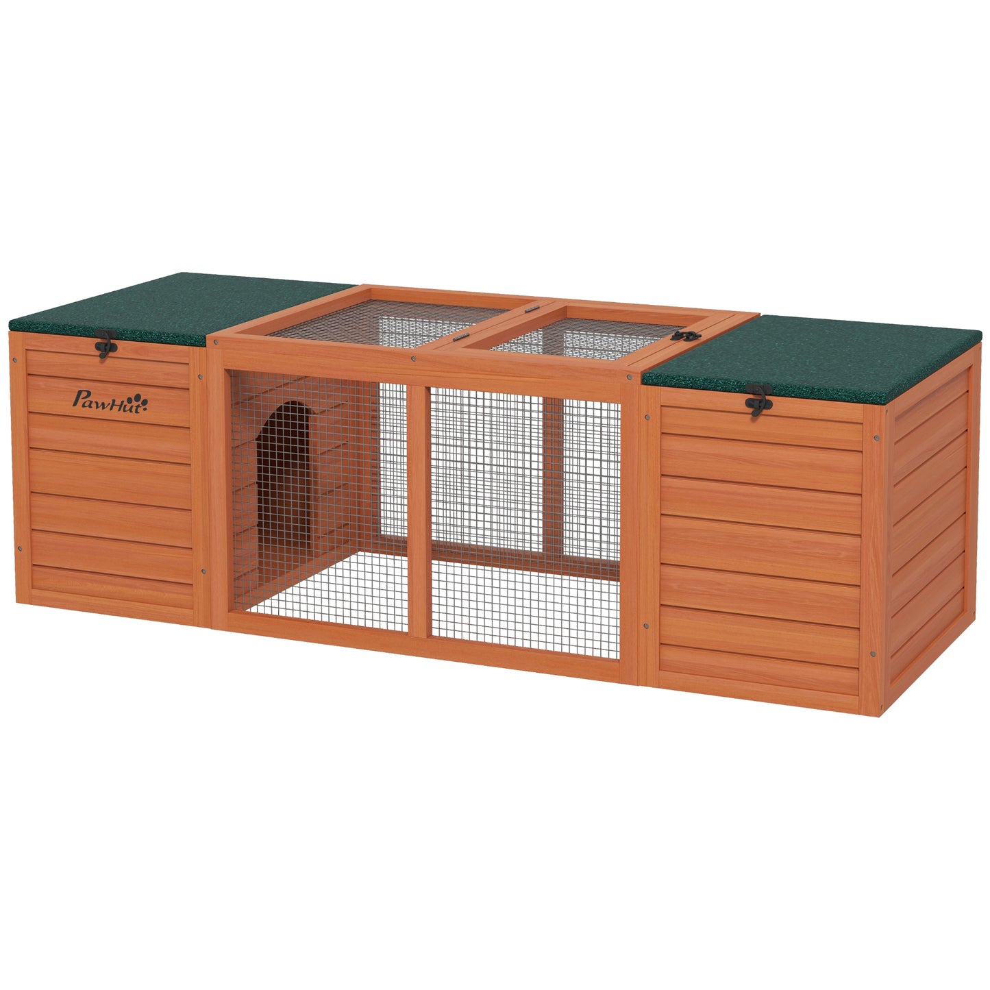 Wooden Hutch with 2 Houses, Central Fence and Opening Roof, 140x52x46cm, Orange - Borgè