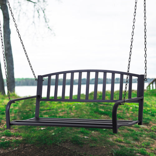 2-Seater Hanging Garden Swing, Romantic Black Metal Outdoor Bench, 127 x 60 x 47cm