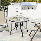 Round Garden Table with Umbrella Hole, in Metal and Tempered Glass, Ø96.5x71 cm, Black