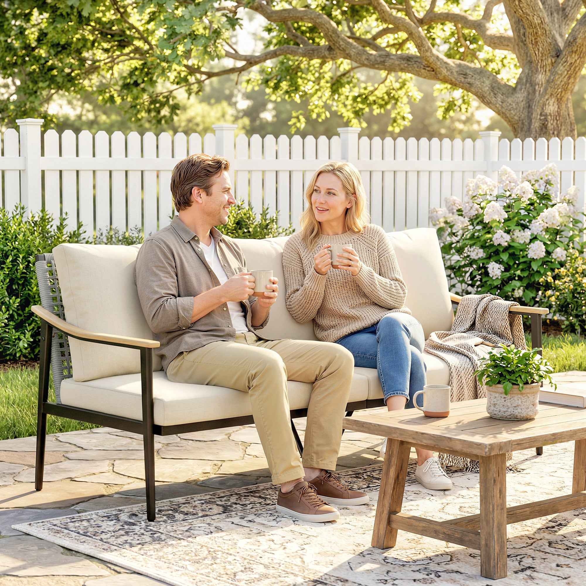 Outsunny 3-Seater Rattan Outdoor Sofa with Wood-Effect Armrests and Backrest, for Porch, Patio, Khaki