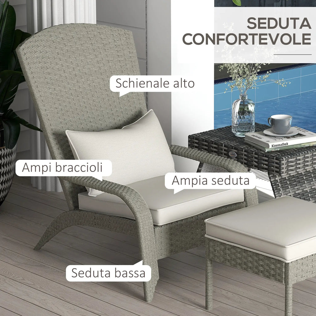 Garden Chair with Footrest and Padded Cushions, in Rattan and Steel, 64x82x89 cm, Grey and Cream