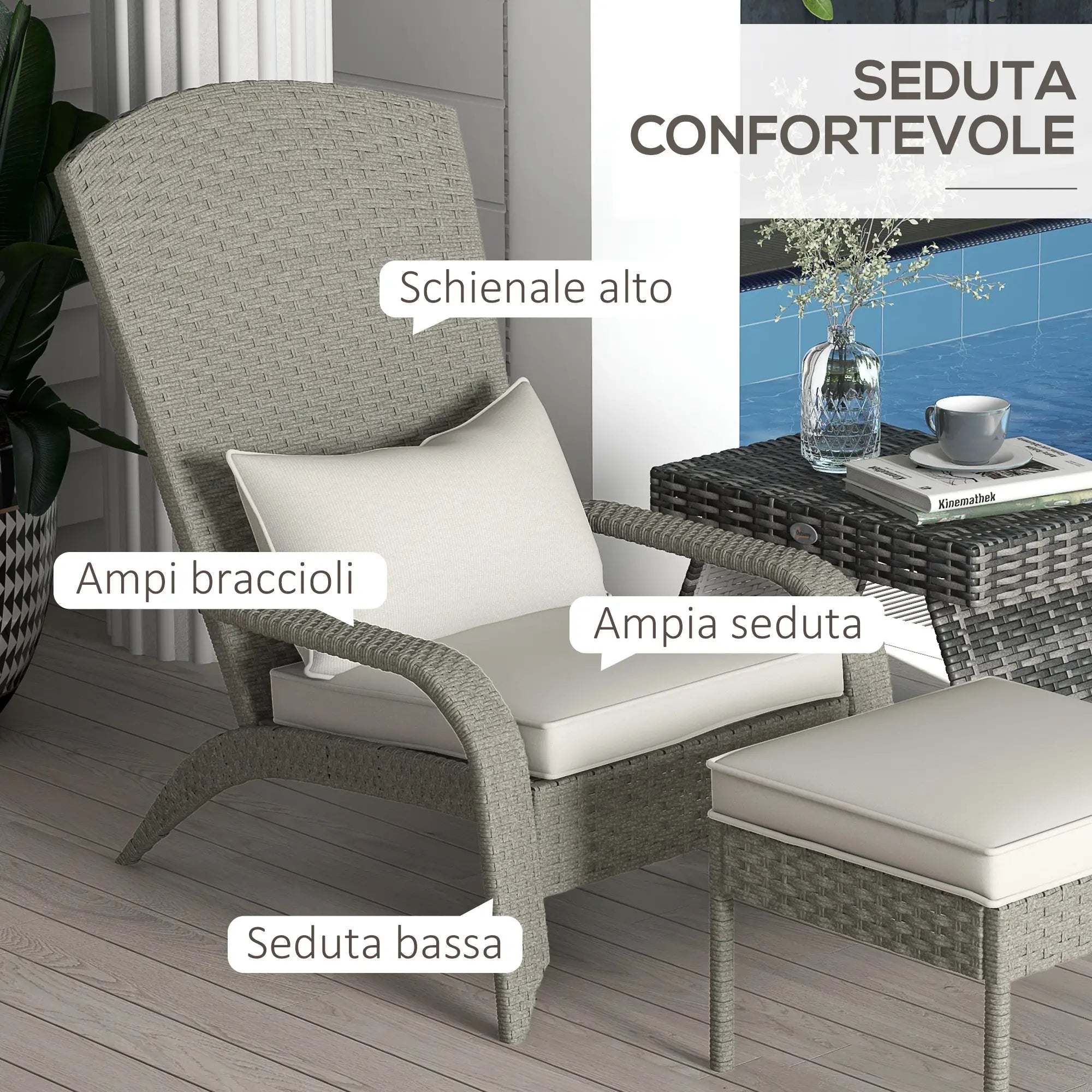 Garden Chair with Footrest and Padded Cushions, in Rattan and Steel, 64x82x89 cm, Grey and Cream