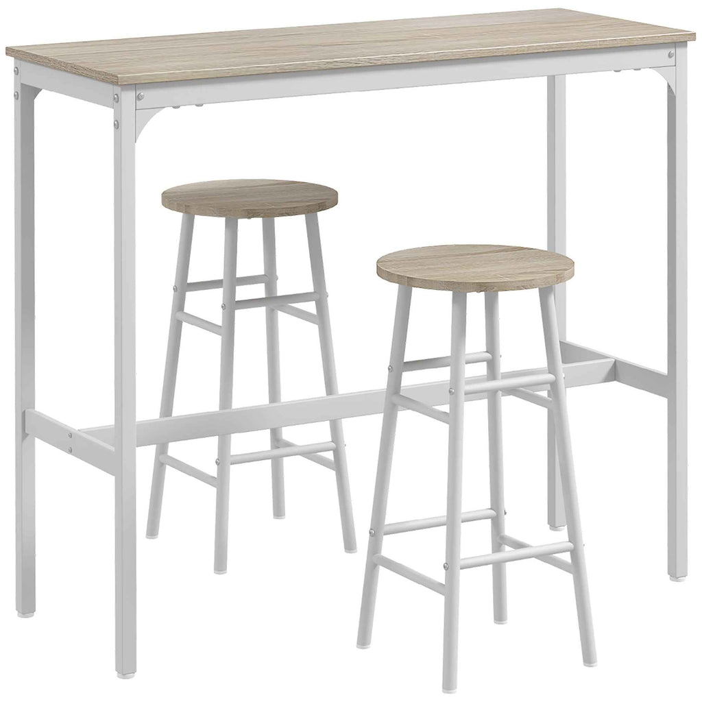 HOMCOM Industrial Style High Table and 2 Bar Stools with Footrest, White and Oak
