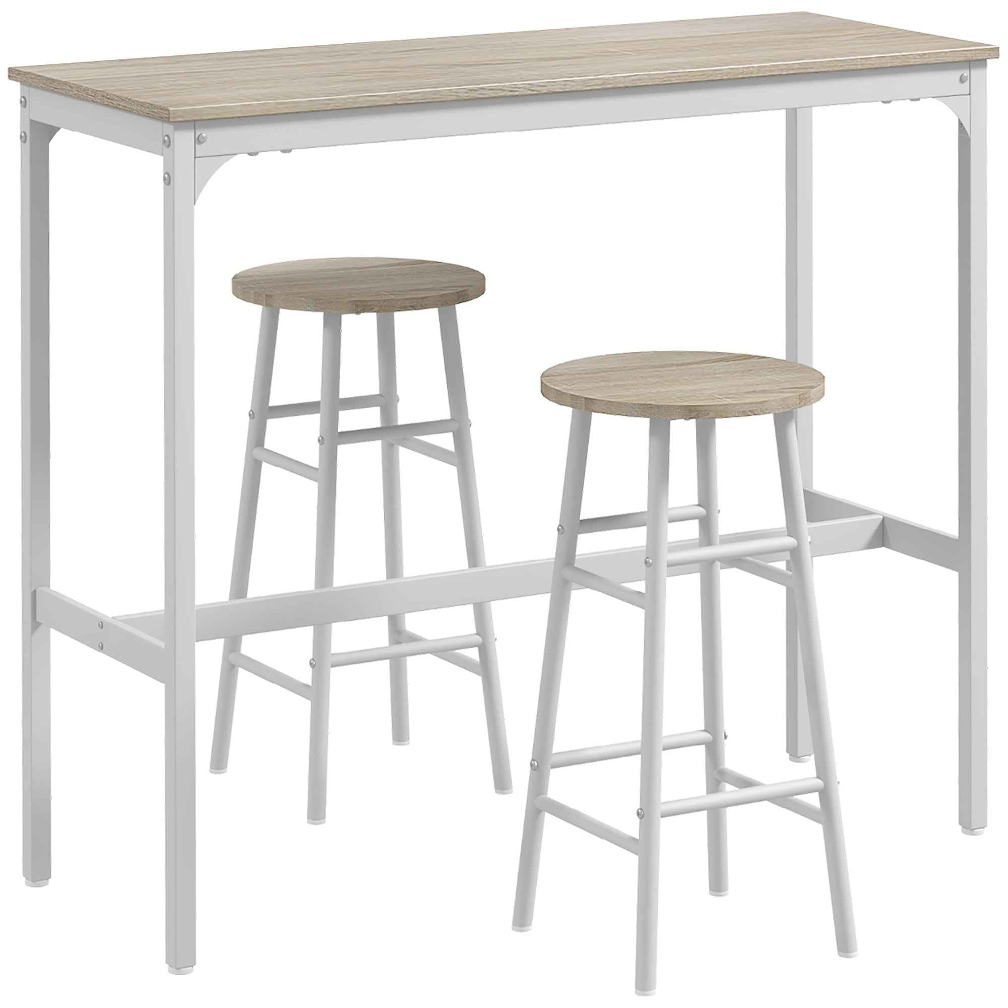HOMCOM Industrial Style High Table and 2 Bar Stools with Footrest, White and Oak