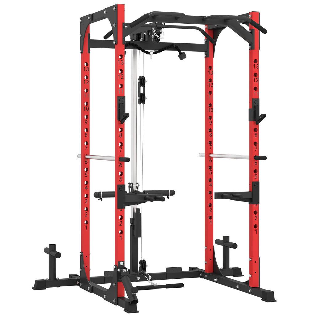 SPORTNOW Fitness Station with Barbell Stand and Pull-Up and Dip Bar, Steel, 191x153x205 cm, Red and Black