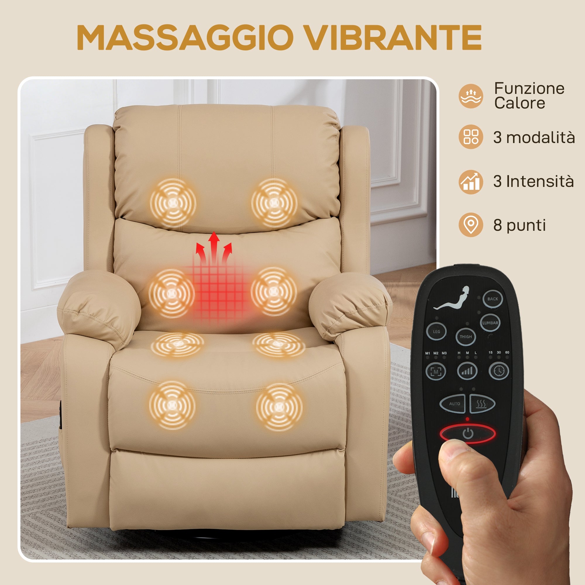 Reclining Relaxing Chair with 8 Massage Points, Heating and Footrest, 87x97x100 cm, Beige