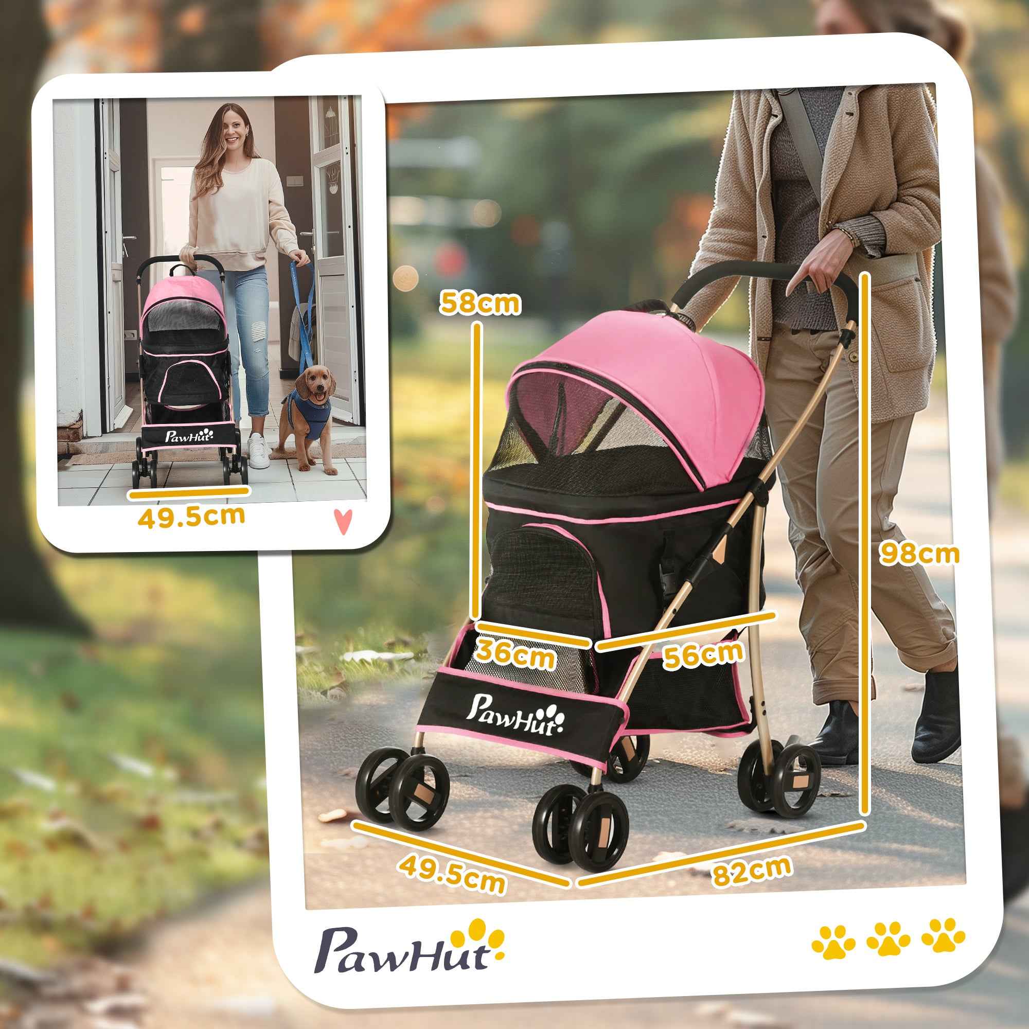 PawHut 2-in-1 Foldable Dog Stroller, Convertible to a Carrier with 2 Leashes and Cushion, Pink