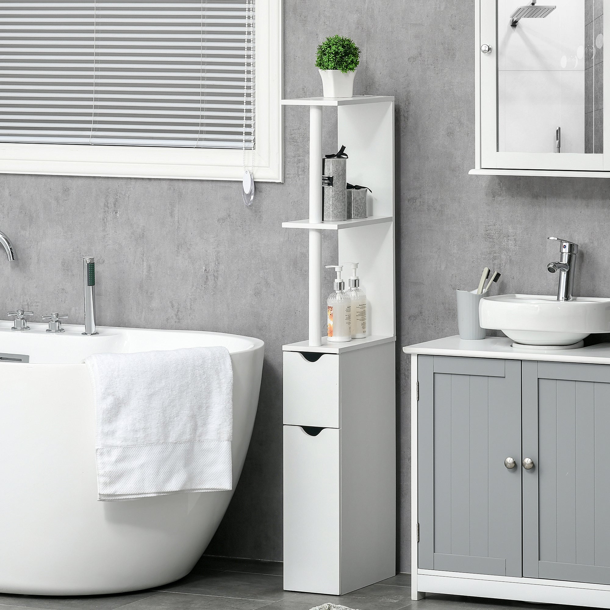 kleankin Bathroom Column with 2 Shelves and 2 Cabinets, Space-Saving Tall Cabinet 15.2x29.8x118 cm, White