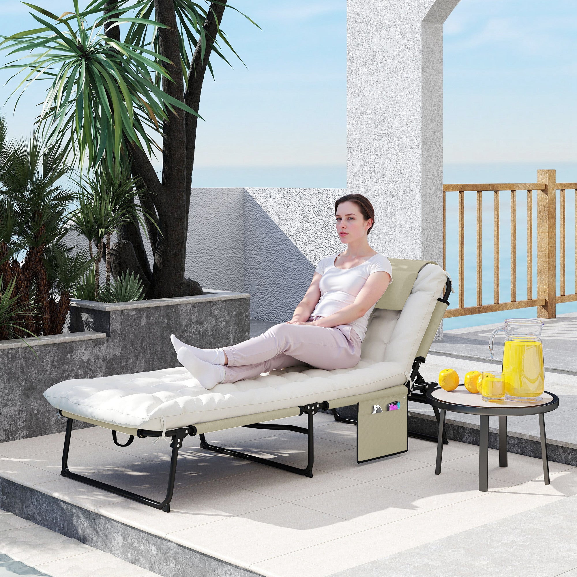Outsunny Folding and Reclining Garden Lounger with Side Pocket, 68x189x30 cm, Beige