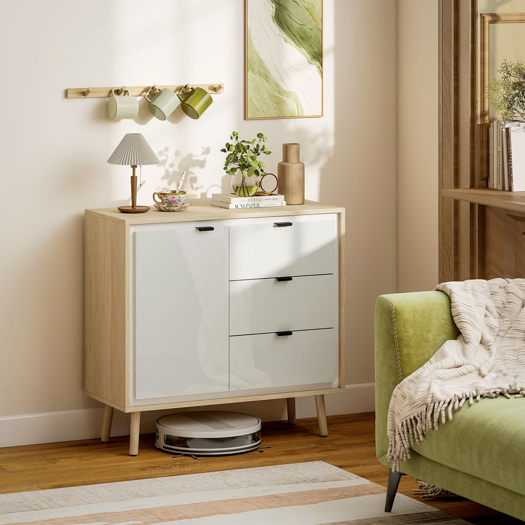Modern Sideboard with 3 Drawers and Cabinet, Adjustable Internal Shelf and Glossy Doors, White and Oak