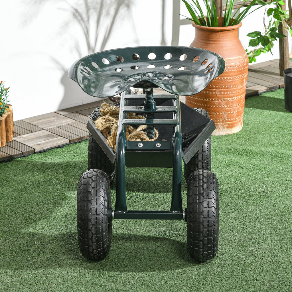Outsunny Garden Cart with Adjustable Seat and Bottom Tray, Steel and PP, 83x36.5x45-60 cm, Dark Green