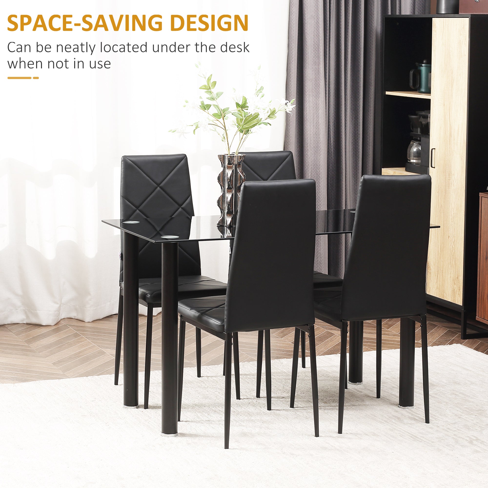 Dining Table and Chairs Set for 4, Modern 5 Pieces Kitchen Table Set with Glass Table, Padded Seat and Steel Frame - Borgè