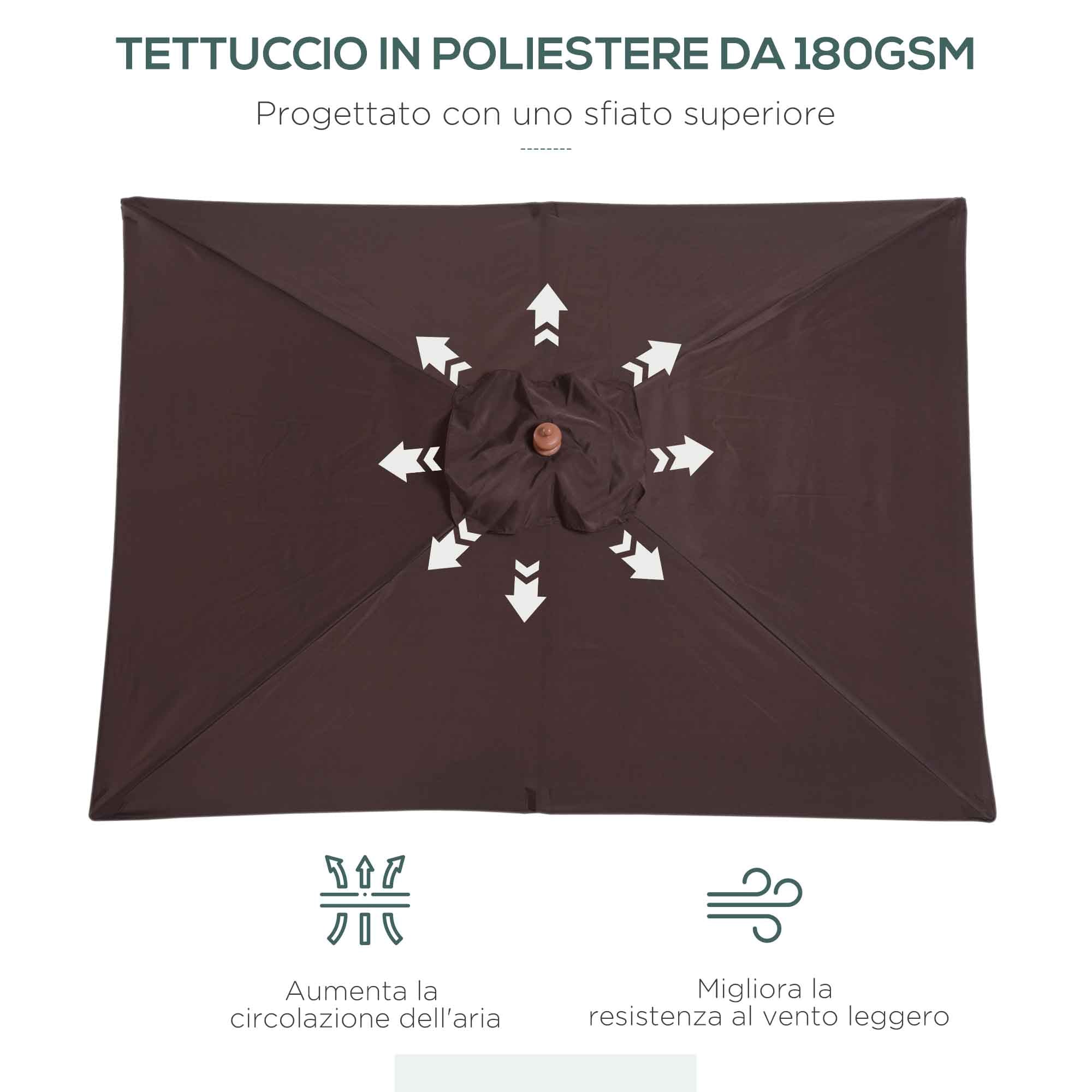 Tilting Rectangular Umbrella 2x1.5 m with 6 Ribs and Rope Opening, in Bamboo and Coffee Polyester