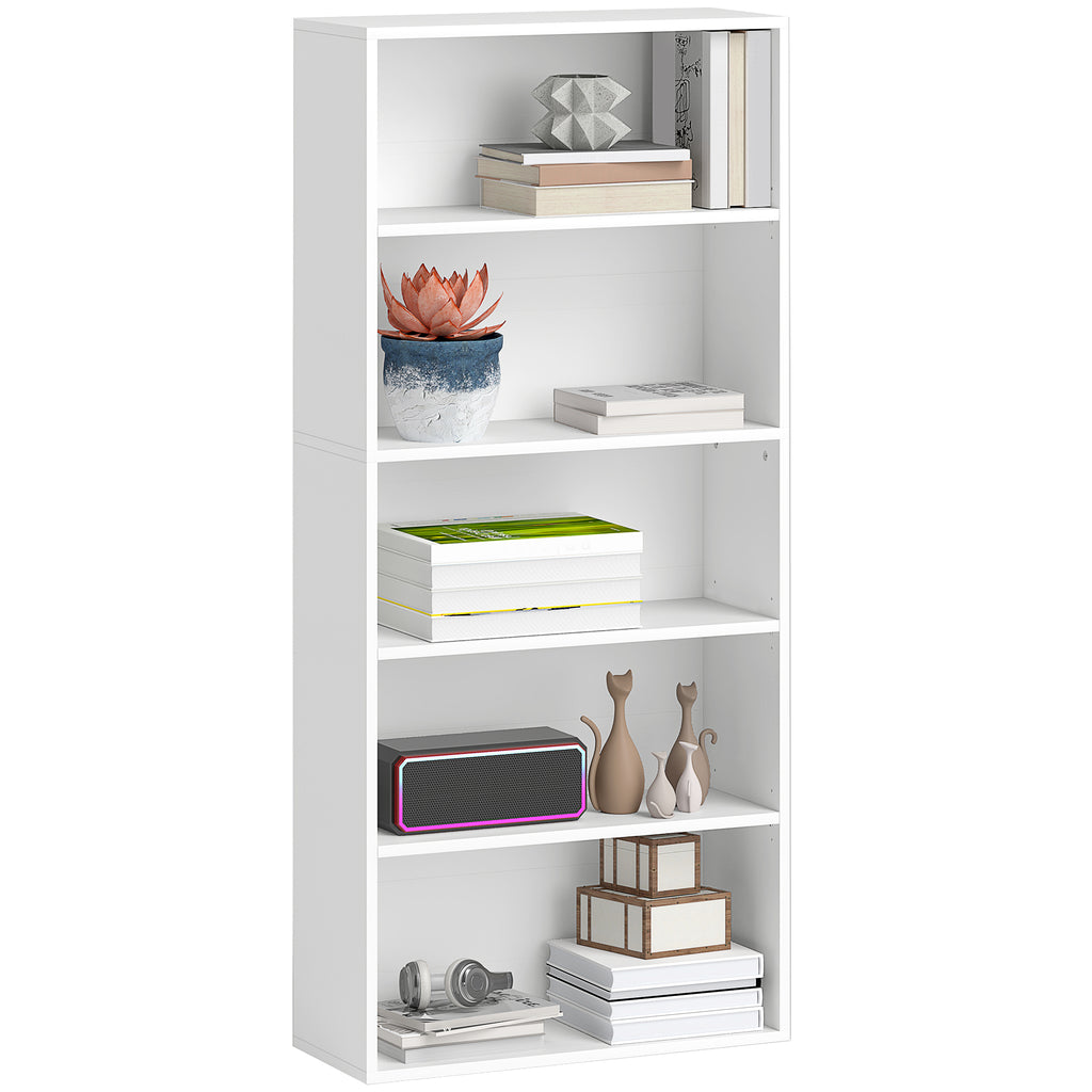 5-Shelf Bookcase Cabinet with 3 Flexible Shelves, in Wood, 60x24x133.5 cm, White