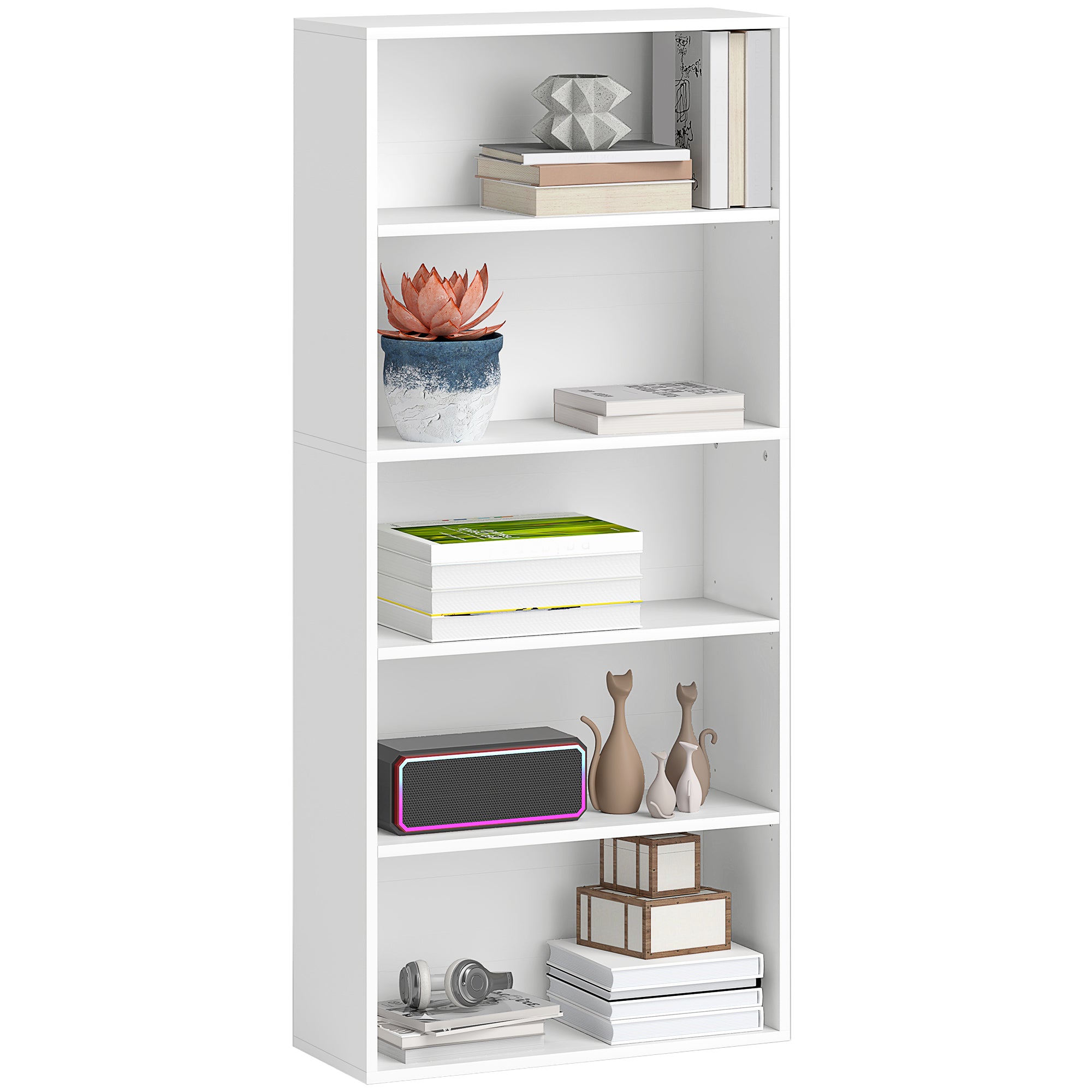 5-Shelf Bookcase Cabinet with 3 Flexible Shelves, in Wood, 60x24x133.5 cm, White