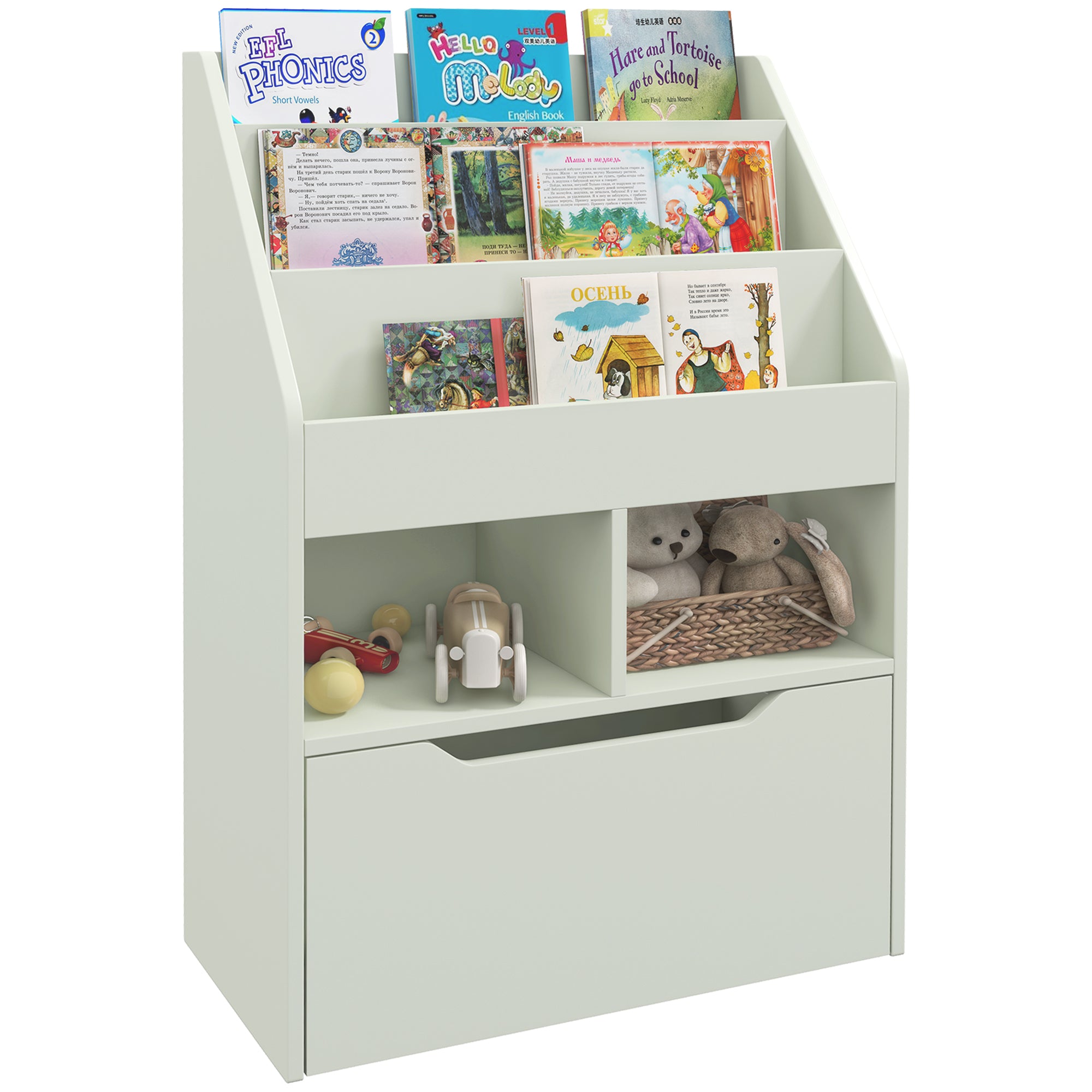 Small Children's Bookcase with MDF Shelves and Drawer, 60x29.9x90cm, Green