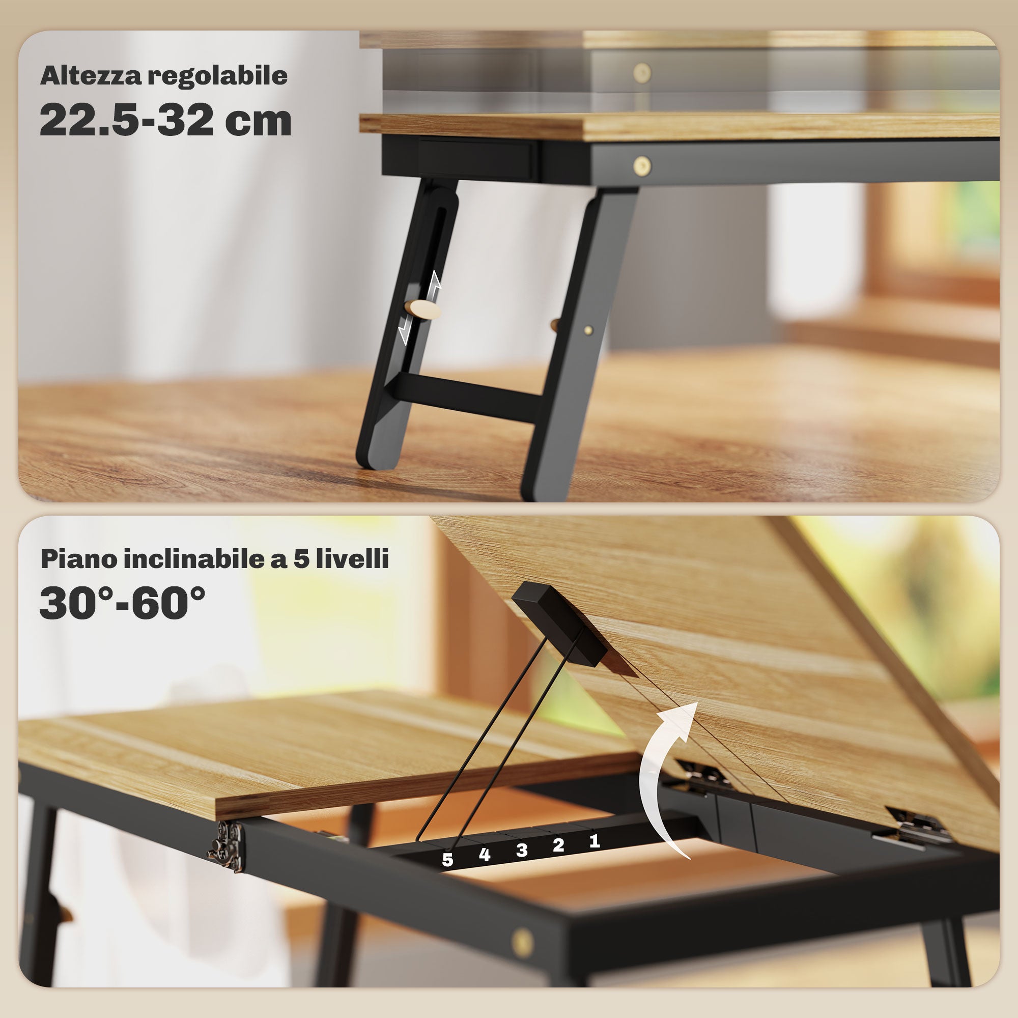 Tilting and Adjustable Monitor Stand with Side Drawer, in Wood, 86x33x22.5-32 cm, Oak and Black
