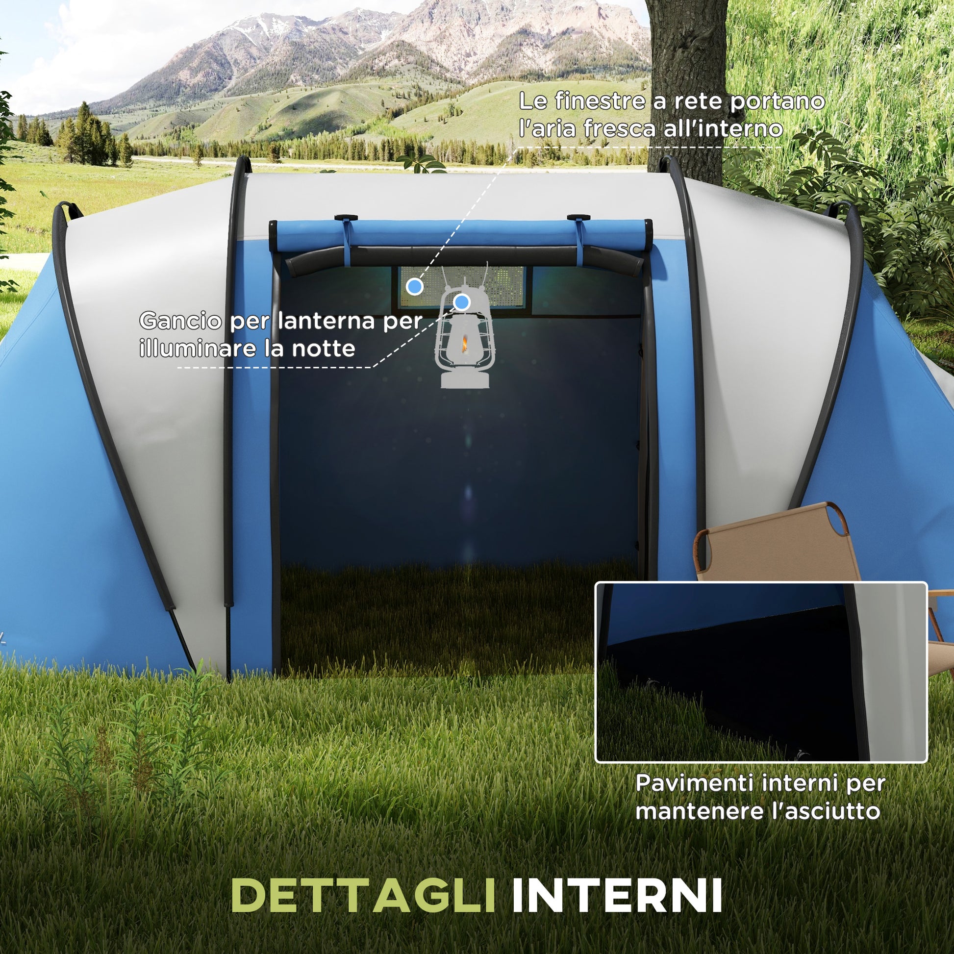 Outsunny Waterproof 2-Person Camping Tent with 2 Rooms Transport Bag, 220x450x180 cm, Blue - Borgè