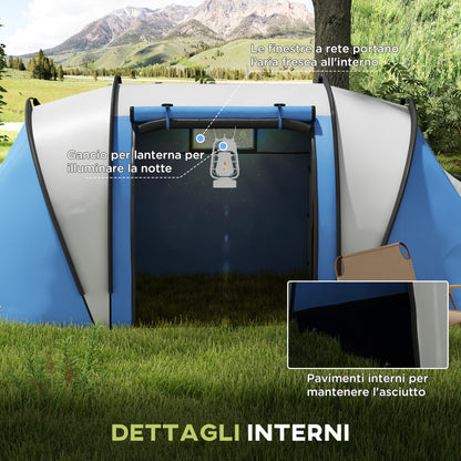 Outsunny Waterproof 2-Person Camping Tent with 2 Rooms Transport Bag, 220x450x180 cm, Blue - Borgè