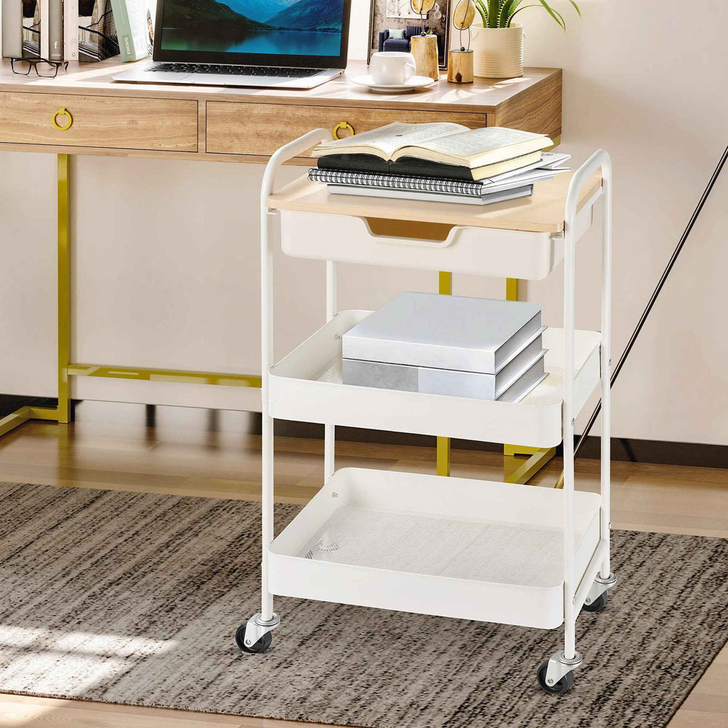 HOMCOM Multipurpose Kitchen Cart with Swivel Wheels, 2 Baskets, Drawer and Wooden Top, White
