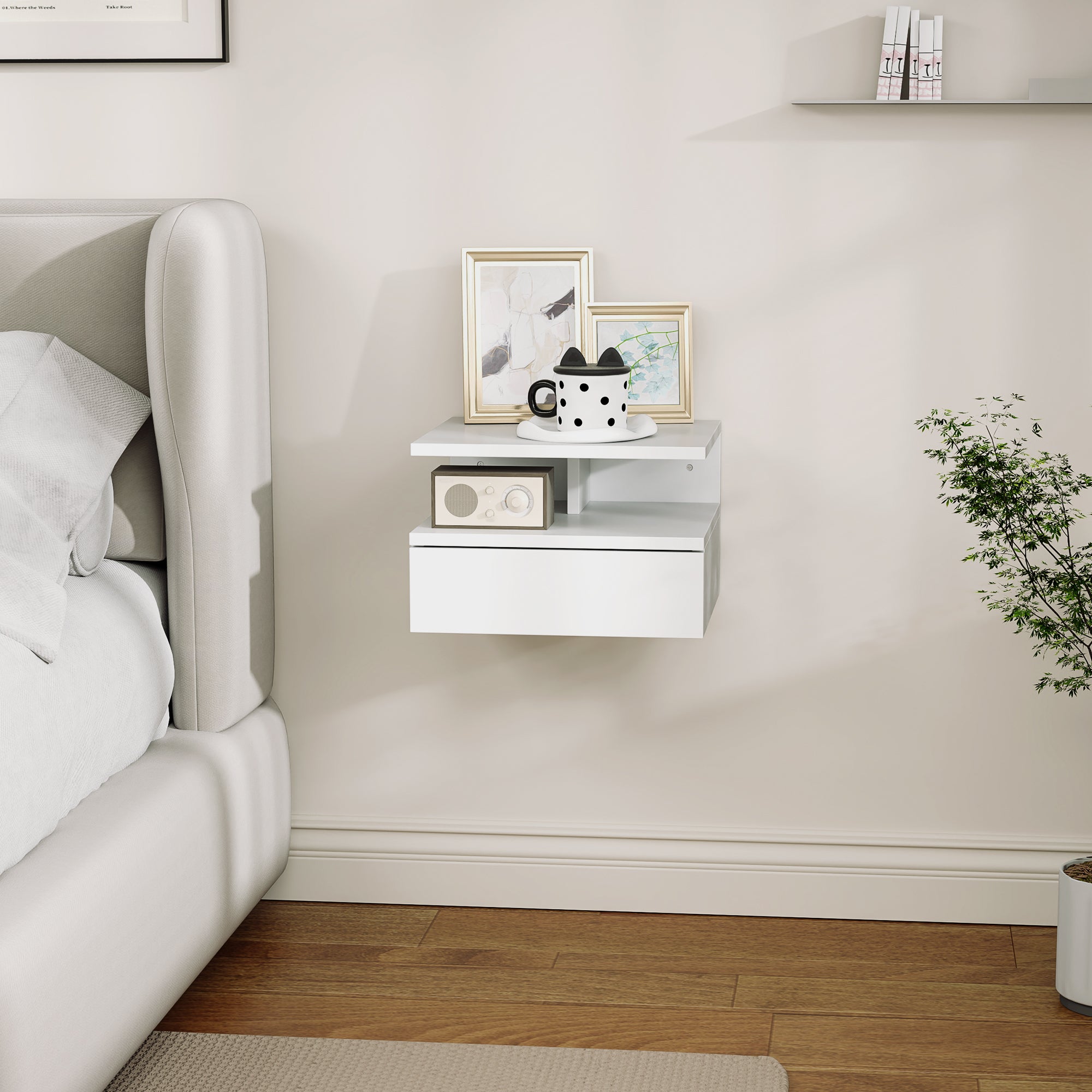 Floating Nightstand for Bedroom with Drawer and Wooden Shelf, 35x32x22.5cm, White