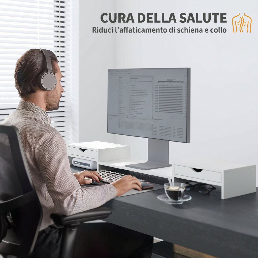 HOMCOM Desk Monitor Stand with 2 Drawers, 3 Spaces Below, Up to 14kg, 60-116x22x12cm, White