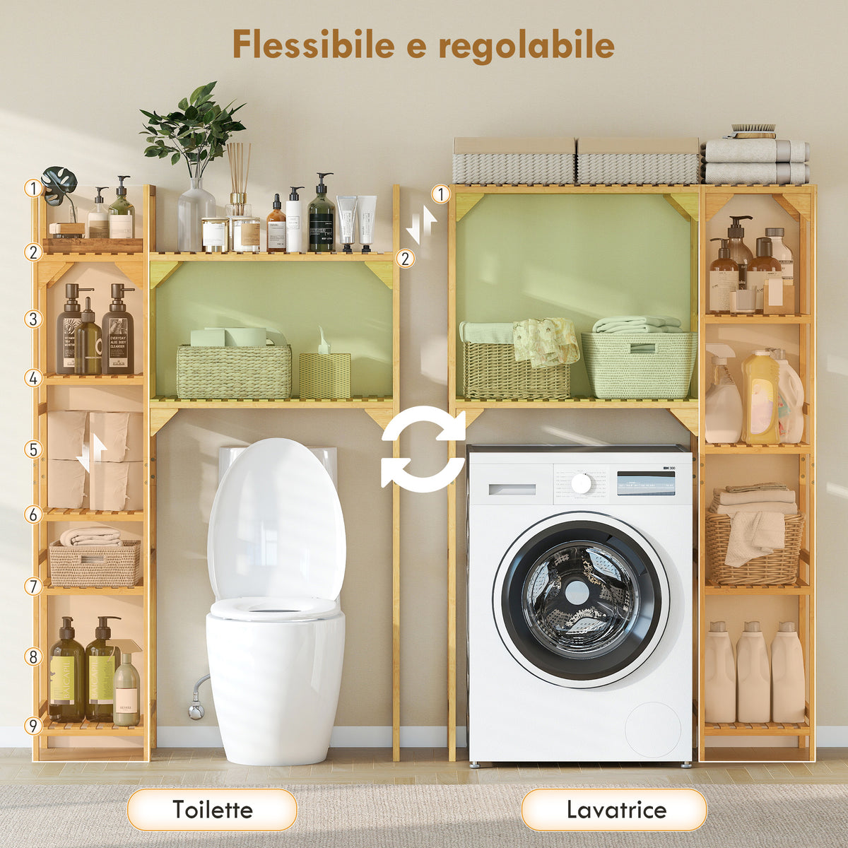 HOMCOM 7-Tier Bamboo Washing Machine Cabinet with Adjustable Storage, 100x40x157 cm, Wood Color