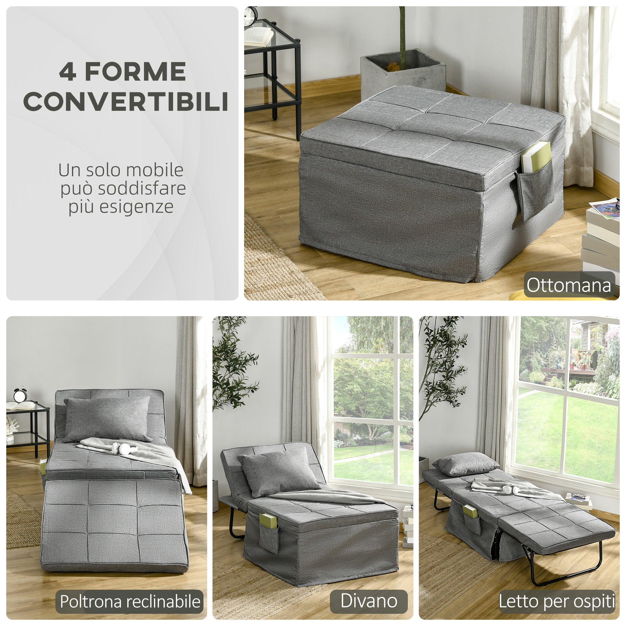 Ottoman 4 in 1 Multipurpose Folding Ottoman and single Bed with 5 Level Reclining Backrest, Grey - Borgè