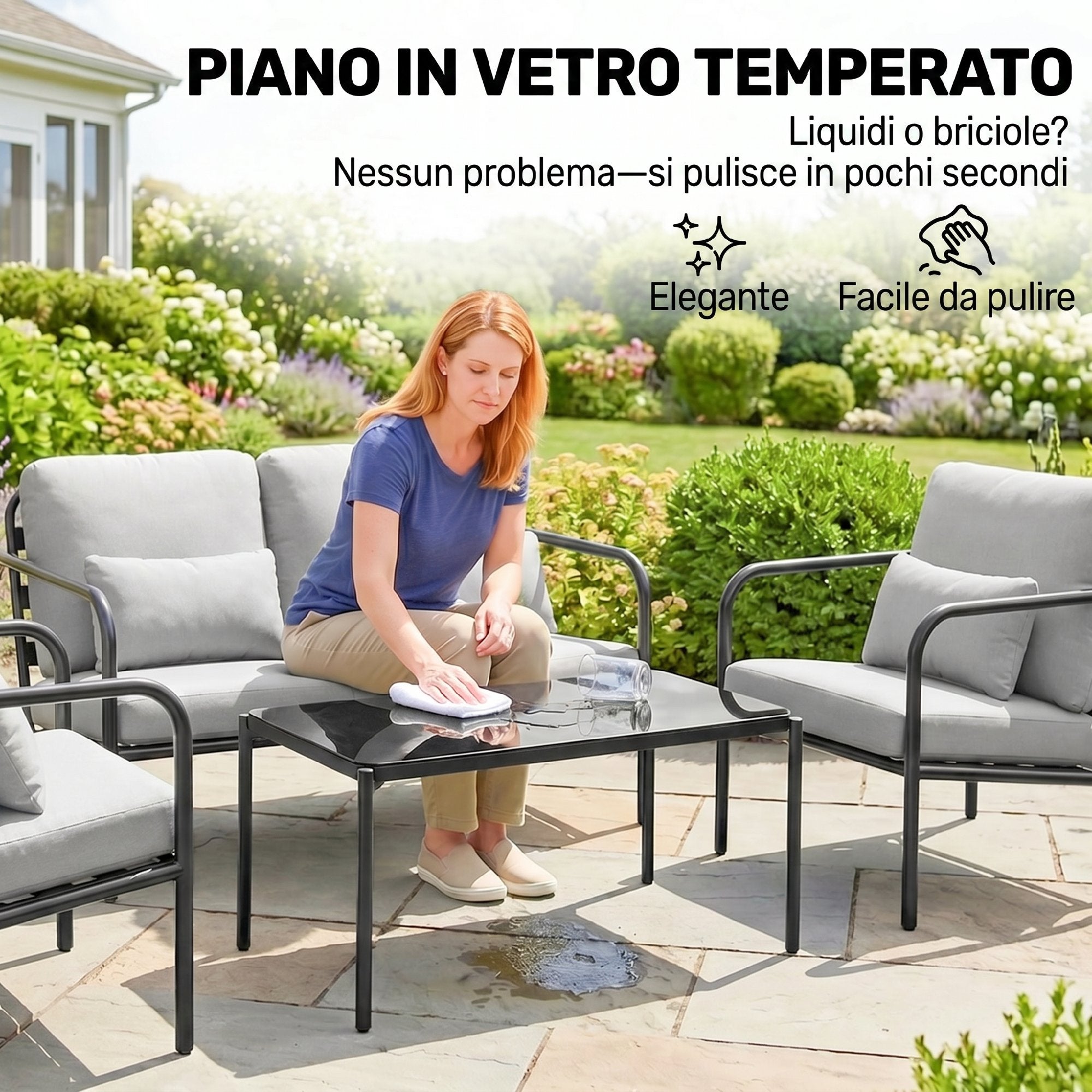 Outsunny 4-Piece Steel Garden Lounge Set with 2-Seater Sofa, 2 Armchairs and Coffee Table, Light Grey