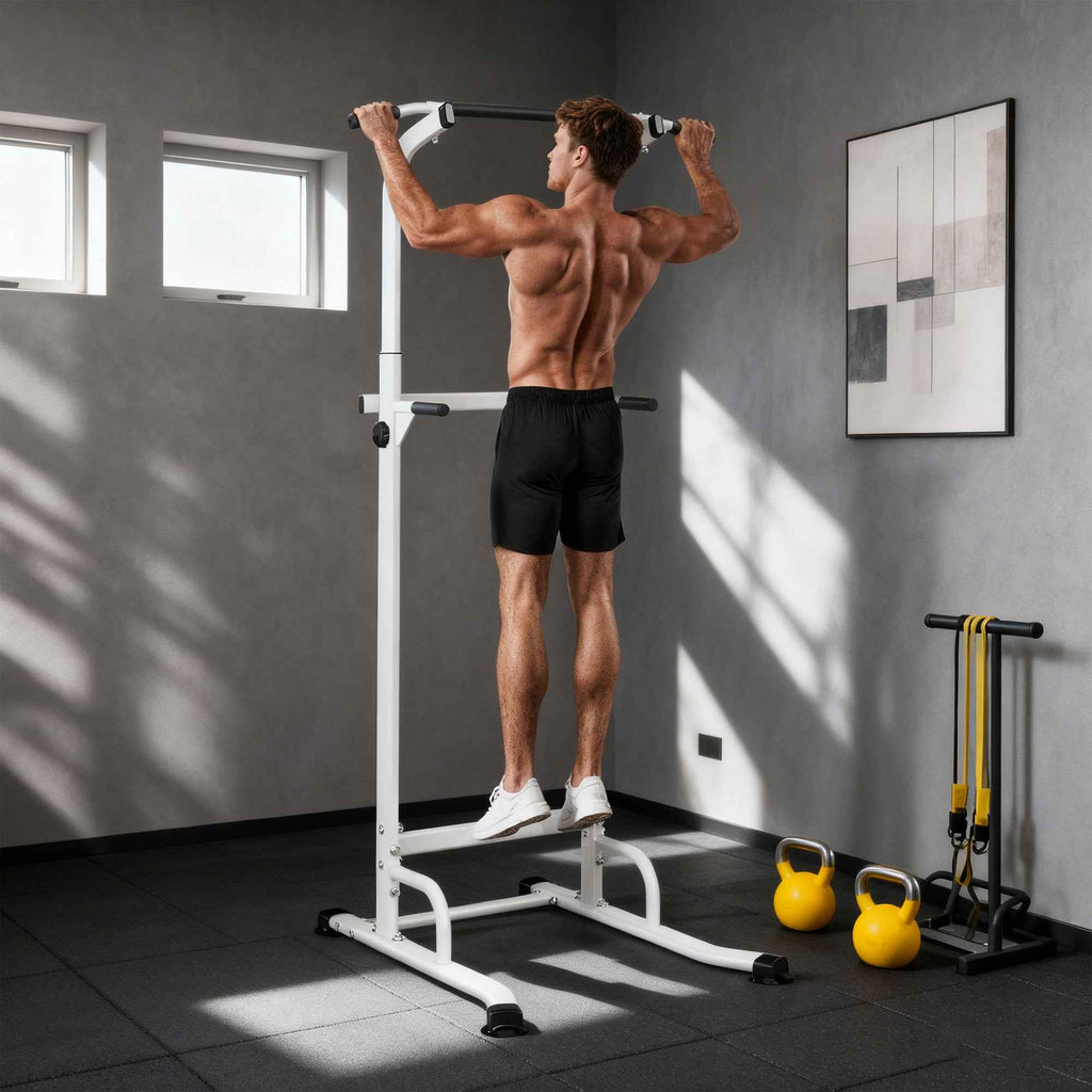 SPORTNOW Fitness Station with Dip and Pull-Up Bars, Adjustable Height 176.5-227 cm and 120 kg Capacity, White