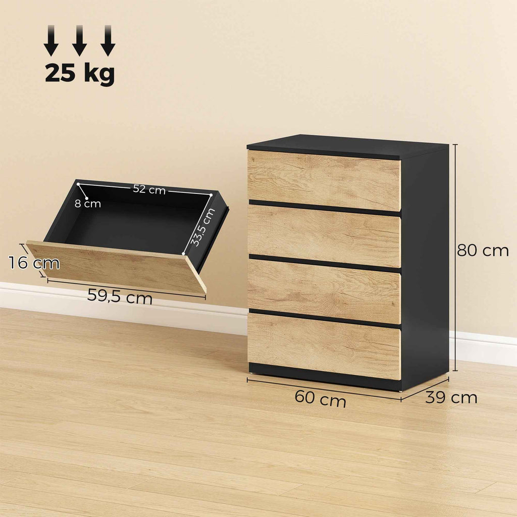 HOMCOM 4-Drawer Wooden Chest of Drawers with Metal Rails and Grooved Handles, 60x40x80 cm, Black and Oak