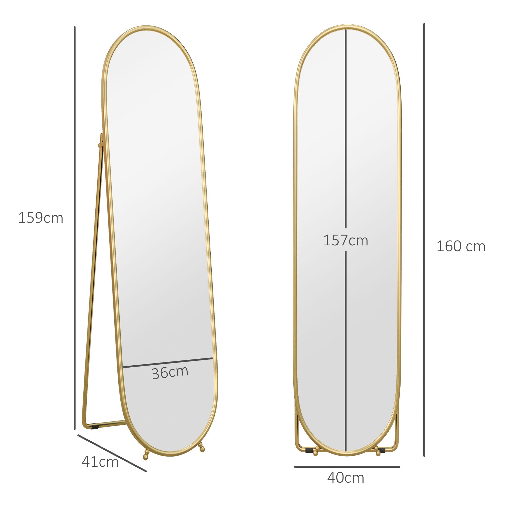 Oval Vertical Floor Mirror with Stand, in Glass and Metal, 40x41x159 cm, Gold Tone