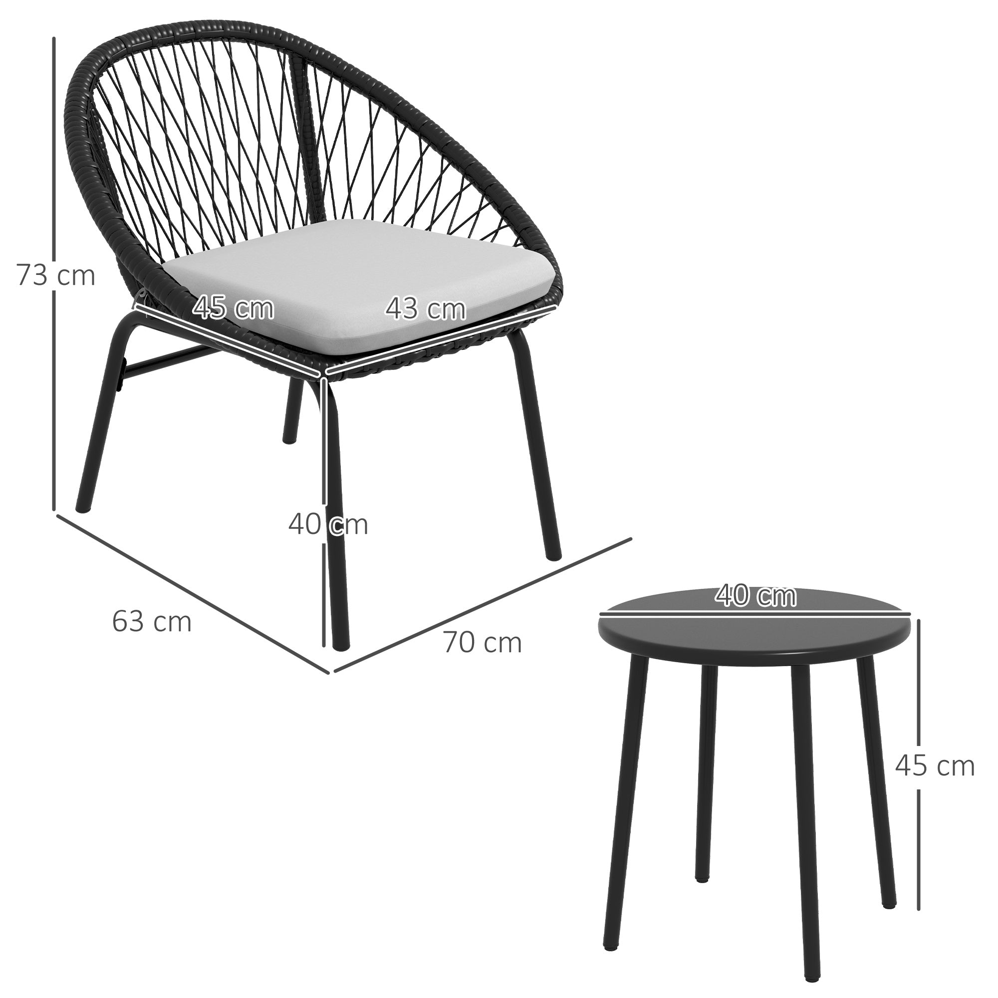 Garden set with 2 chairs with Cushions and coffee table in steel and rattan, black - Borgè