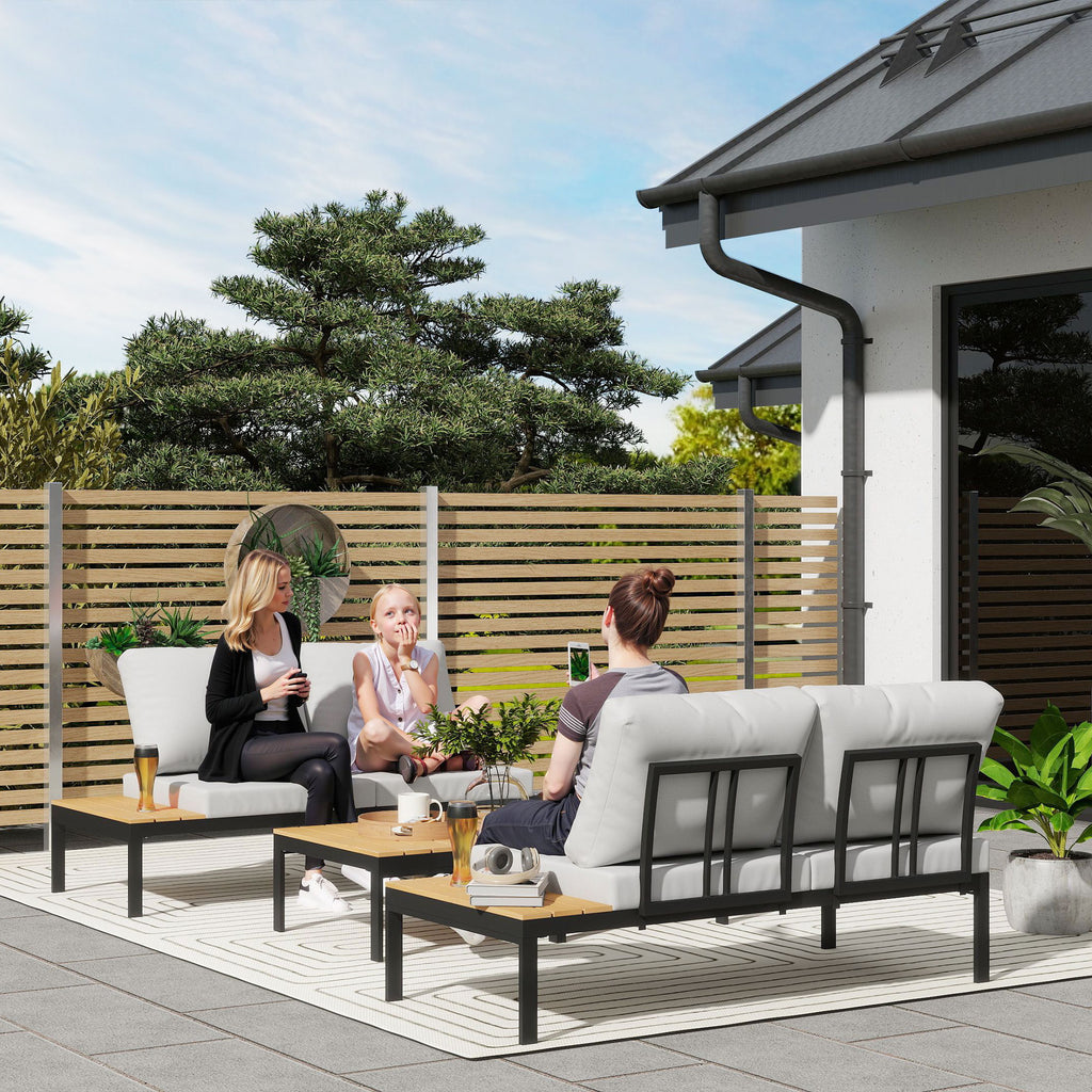 4 Piece Garden Set with 2 2 Seater Sofas and 2 Coffee Tables in Metal and Composite Wood, Grey Black and Teak