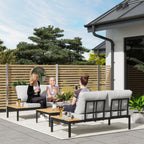 4 Piece Garden Set with 2 2 Seater Sofas and 2 Coffee Tables in Metal and Composite Wood, Grey Black and Teak