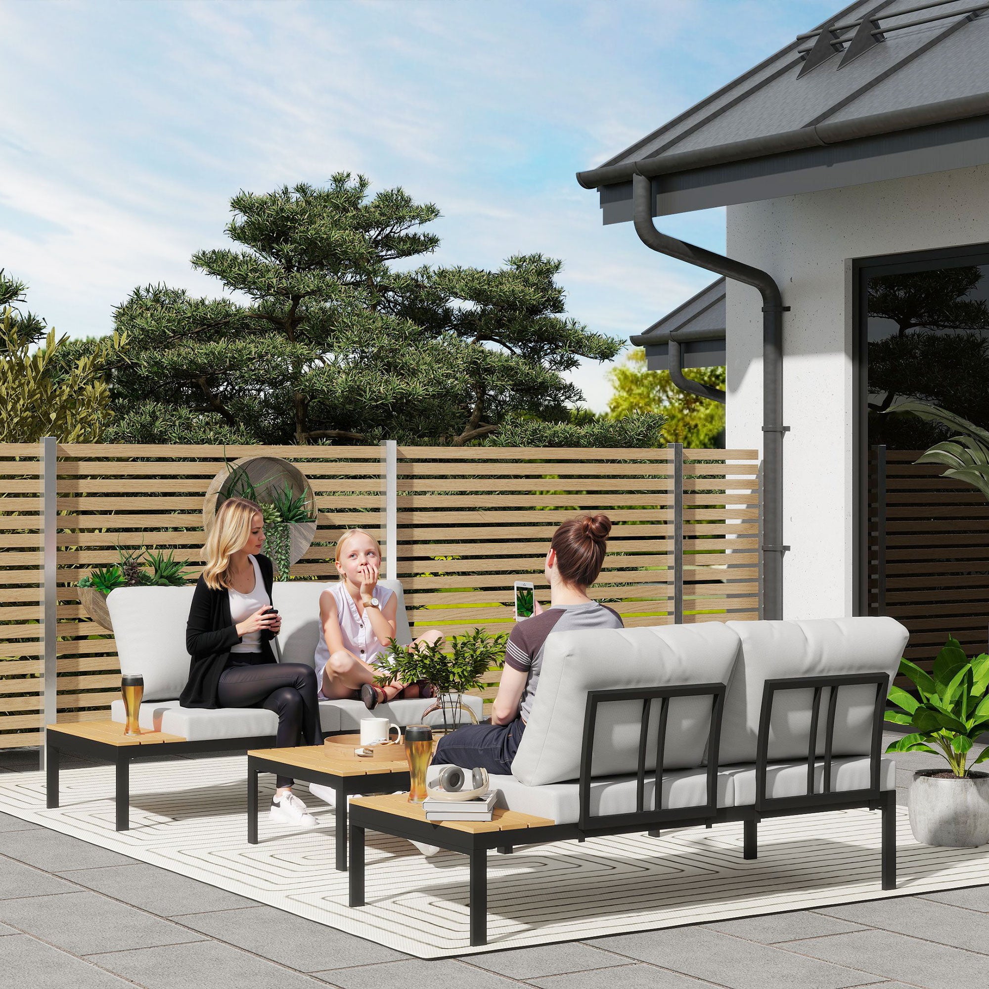 4 Piece Garden Set with 2 2 Seater Sofas and 2 Coffee Tables in Metal and Composite Wood, Grey Black and Teak