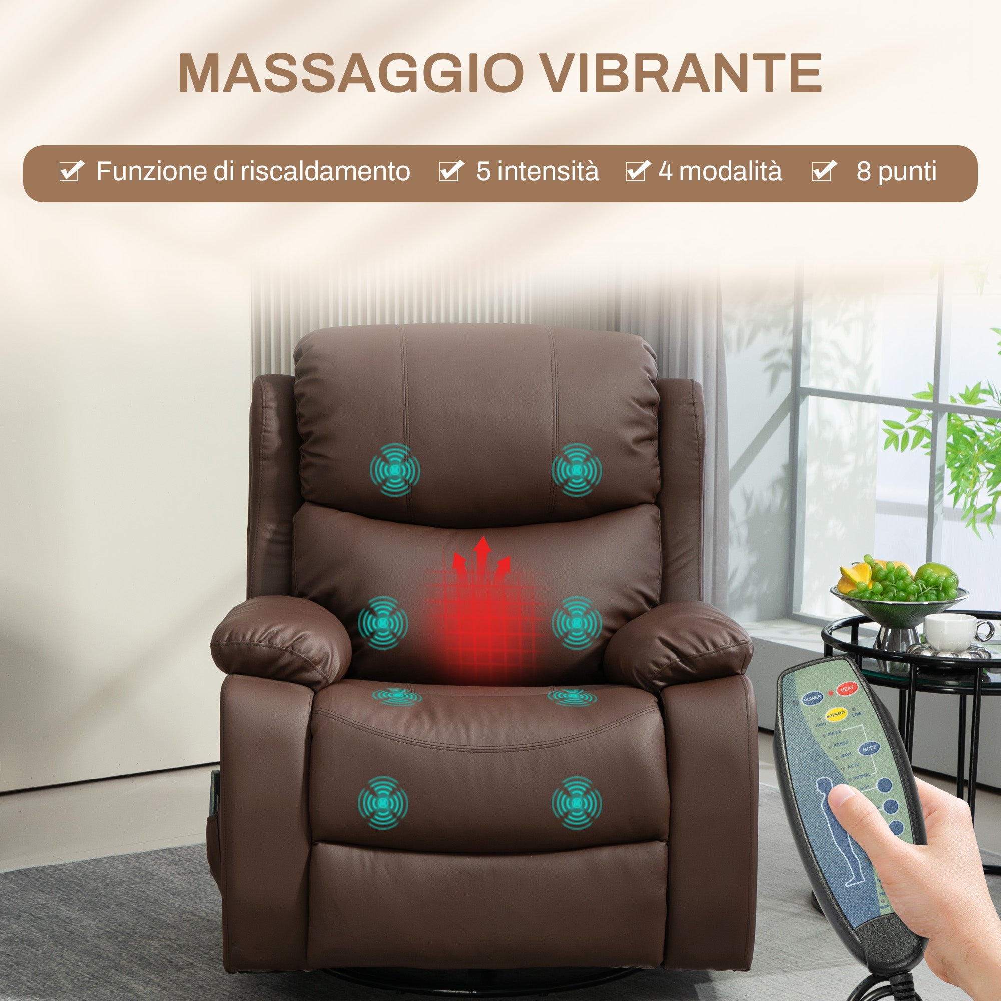 Reclining Relax Chair with 8 Massage Points, Heating and Footrest, 97x92X104 cm, Brown