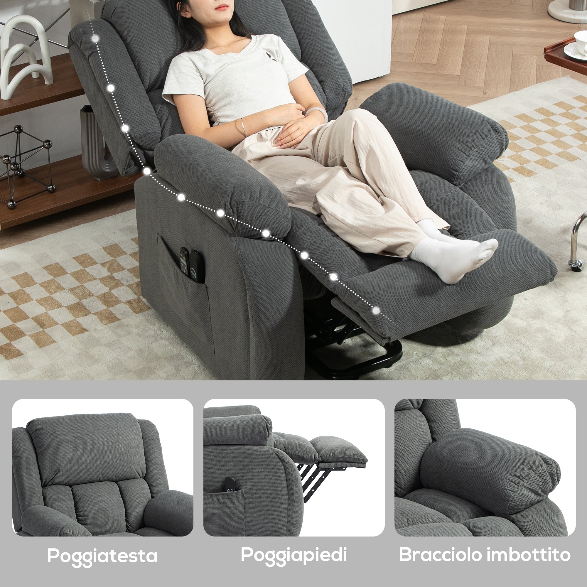 Lift Massage Reclining Chair with 2 Pockets and Remote Control, 93x104x105 cm, Grey