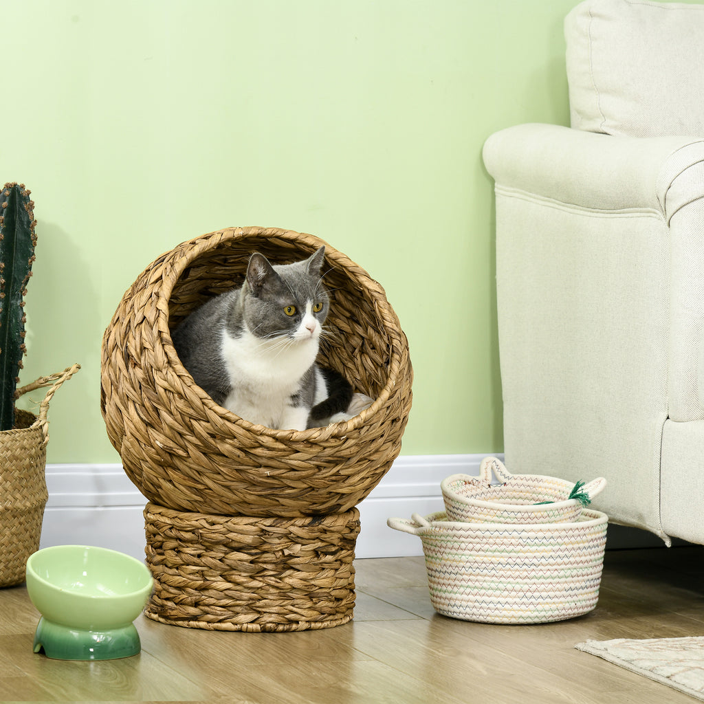 Raised Wicker Cat Bed with Cotton Cushion, Brown and White, 42 x 33 x 52cm