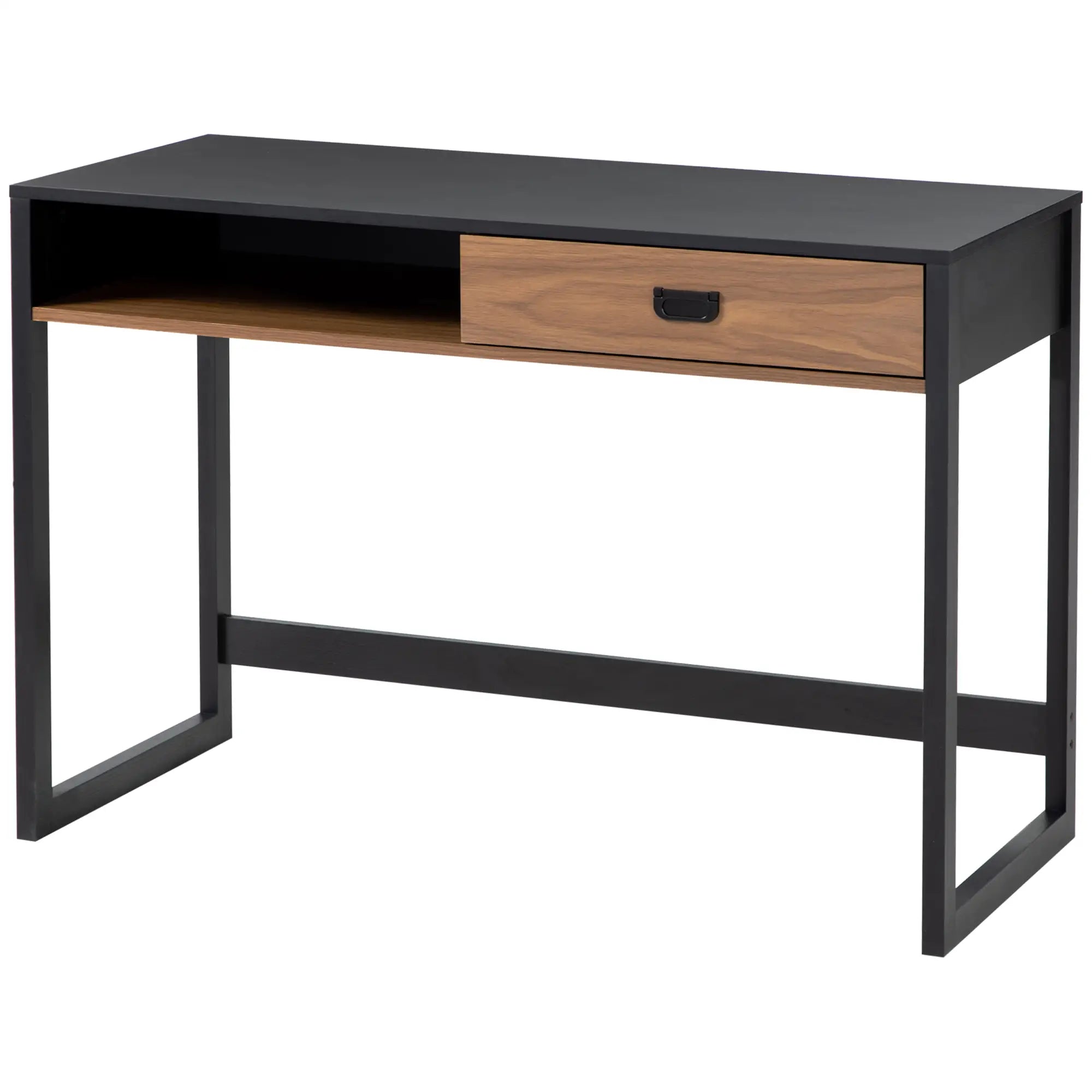 Industrial Style Bedroom and Office Desk with Drawer, 110x50x76cm, Walnut and Black