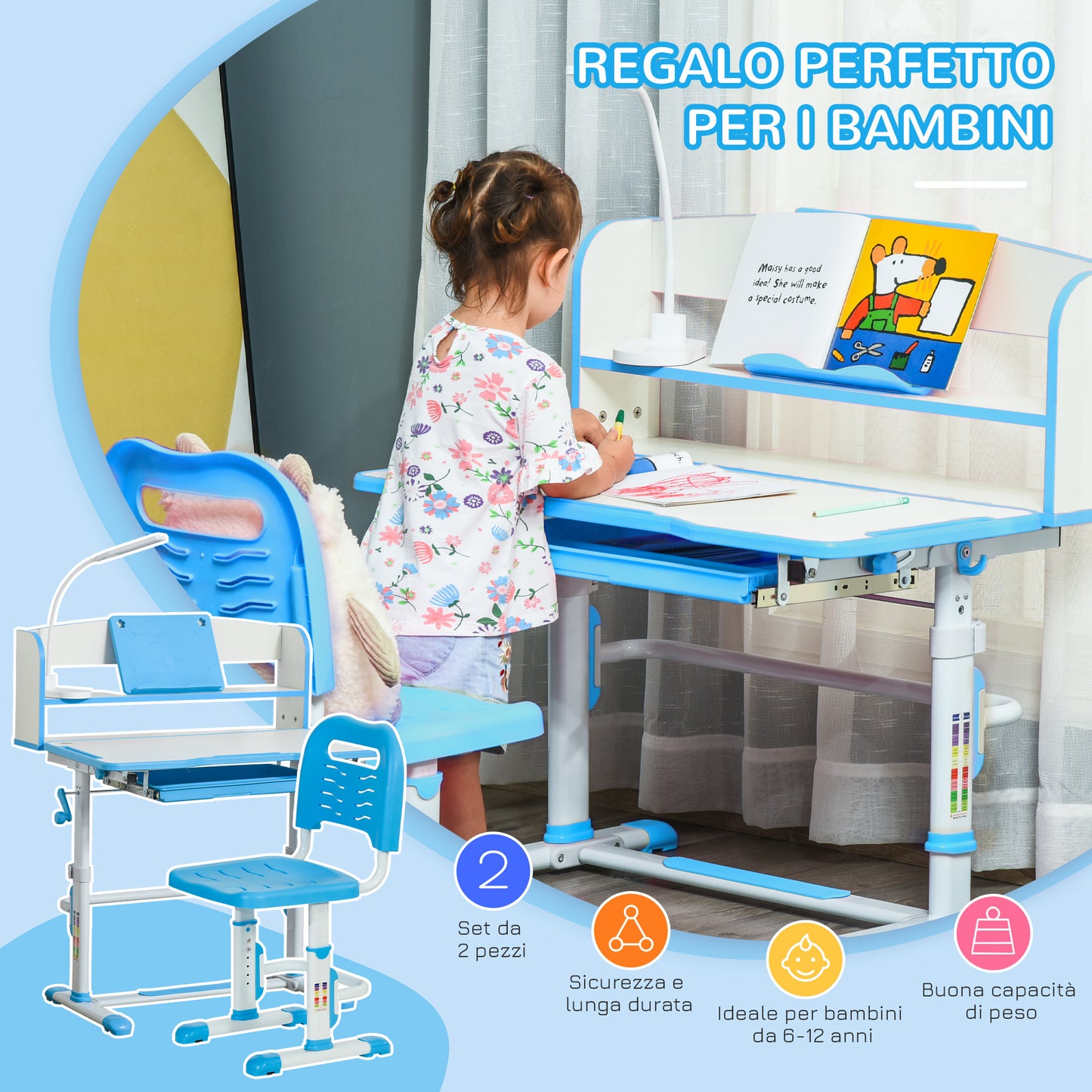 HOMCOM School Desk for Children 6-12 Years Adjustable with LED Light, Lectern and Pen Holder, MDF, PP and Steel, Light Blue