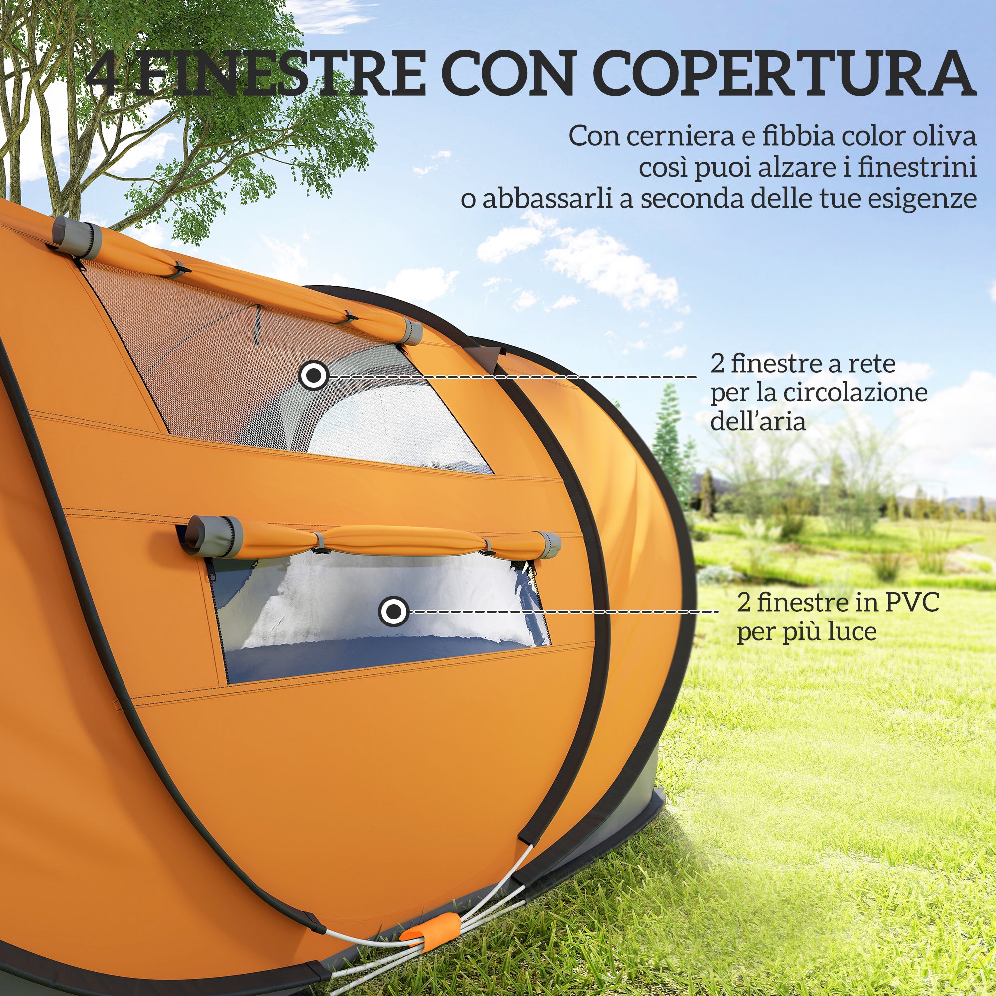 Outsunny 2-Person Pop-Up Camping Tent with 2 Doors, 4 Windows and Waterproof Tarp, 263.5x220x123 cm, Orange