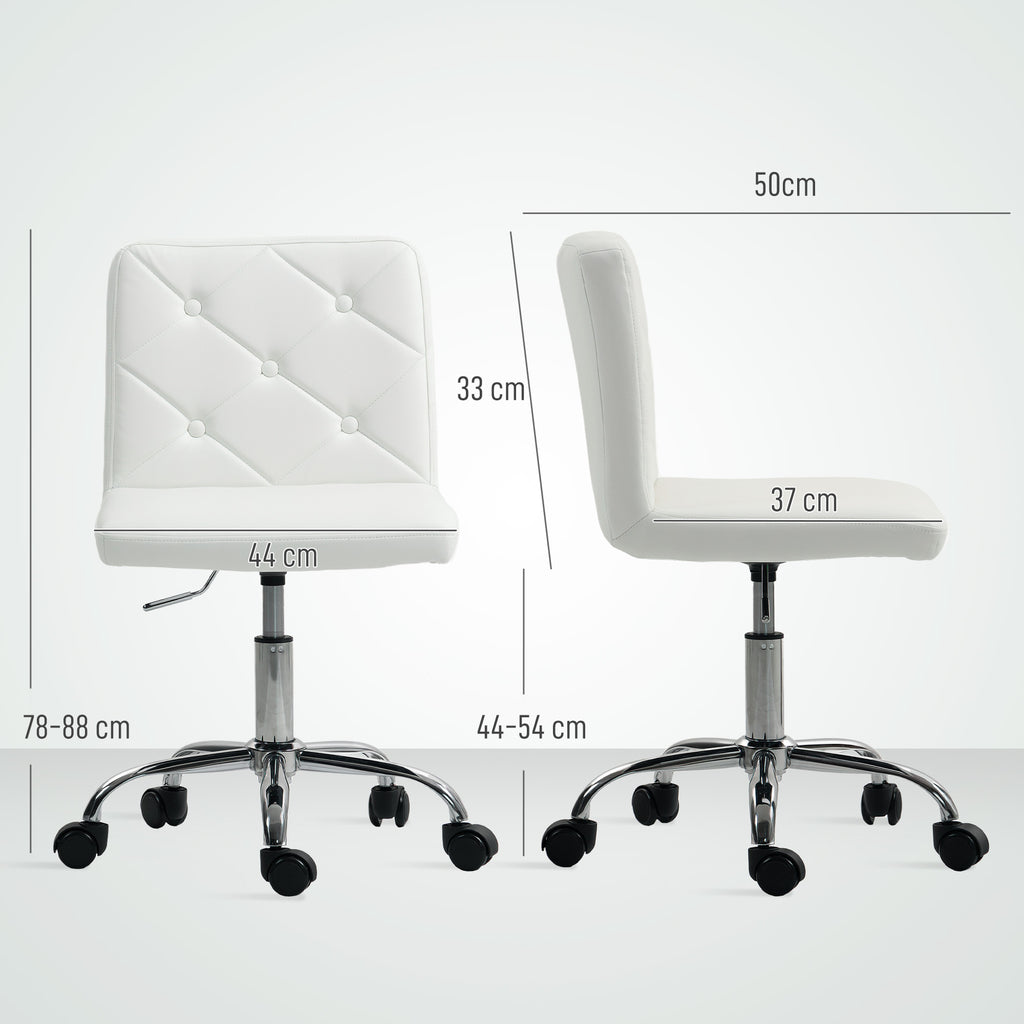 Adjustable Office Chair with Button Upholstery, PU Leather, Foam and Steel, 44x50x78-88 cm, White